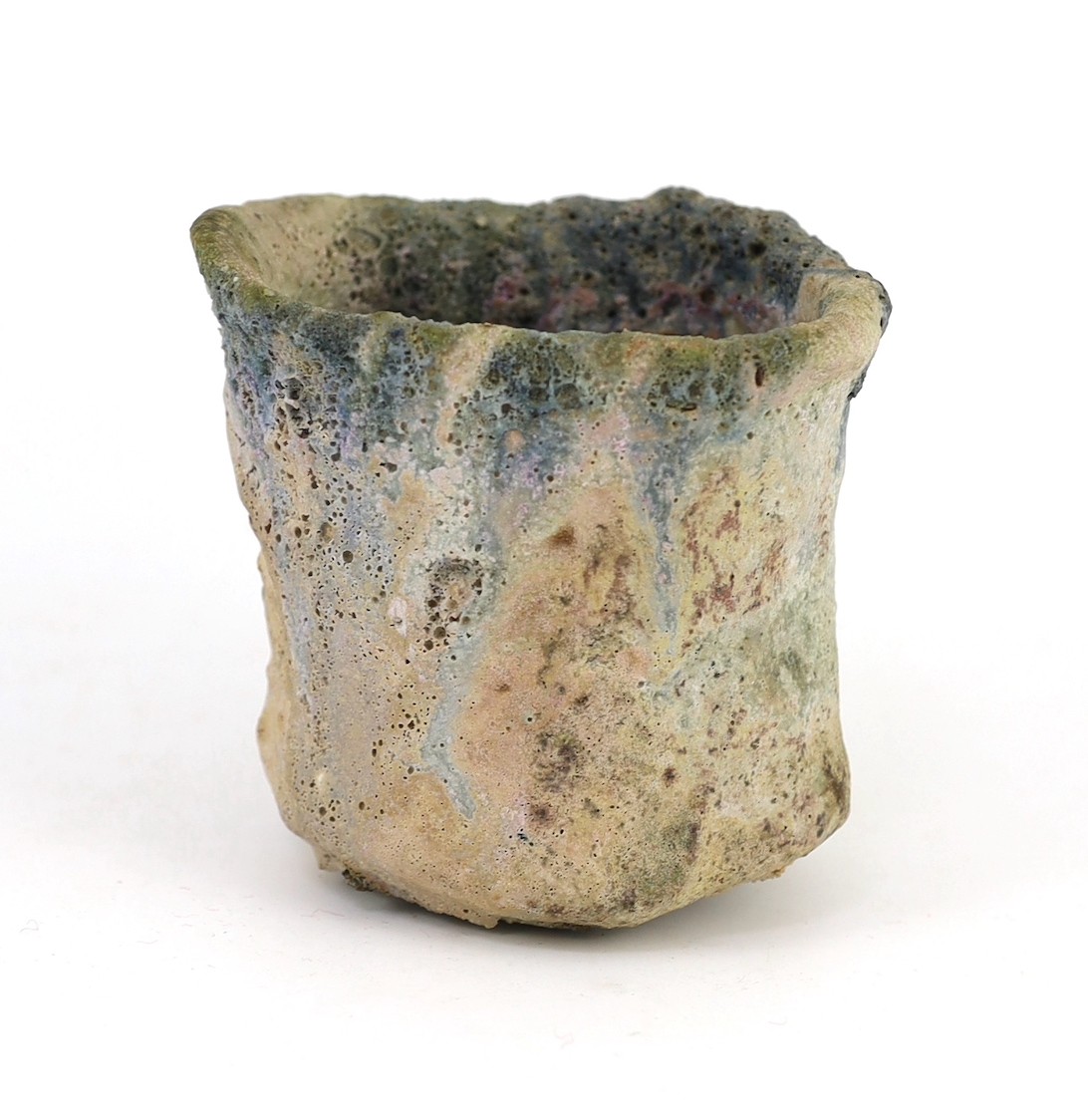 Ewen Henderson (1934-2000), a hand-built mixed laminated clay unomi, 9.7cm across 10cm high